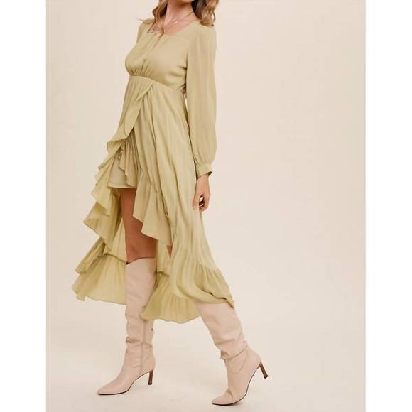 NEW LISTICLE high low ruffled wrap style maxi dress in light olive - Picture 3 of 5